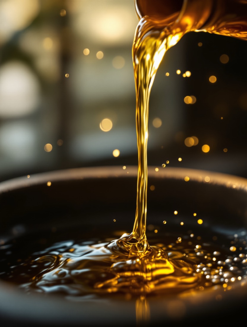 Warm massage oil poured into a stone bowl